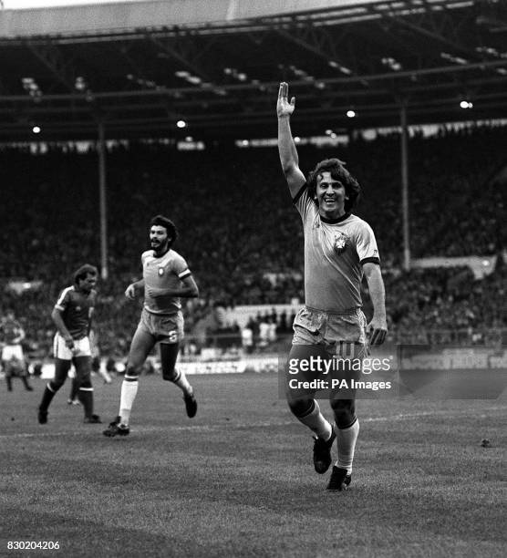Brazilian footballer Zico salutes the Wembley crowd after scoring the only goal during a friendly football match between England and Brazil. On his...