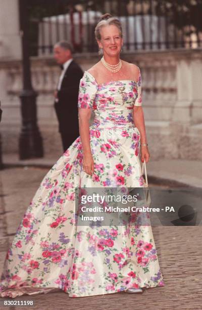 Queen Margarethe of Denmark arrives at Bridgewater House in Victoria, London, for a gala ball held two days before the wedding of Carlos Morales...