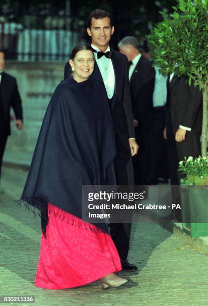 Prince Felipe of Spain and his Aunt, Princess Irene of Greece, arrive at Bridgewater House in Victoria, London, for a gala ball held two days before...