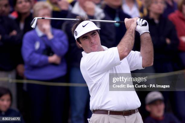 Australia's Craig Parry uses an iron for his tee shot on the 3rd hole during the final day of the 1999 British Open Golf Championship at Carnoustie,...