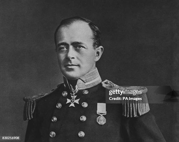 Portrait of Captain Robert Falcon Scott, C.V.O., R.N in naval uniform. C1910. Scott led the ill-fated British expedition to the South pole and...