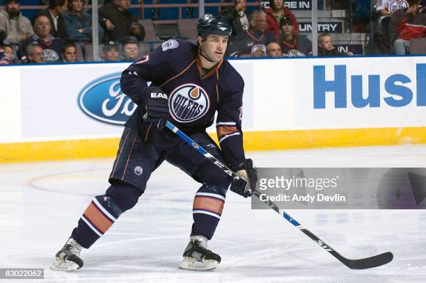 Dustin Penner of the Edmonton Oilers watches the play during a preseason game against the Florida Panthers on September 24, 2008 at Rexall Place in...