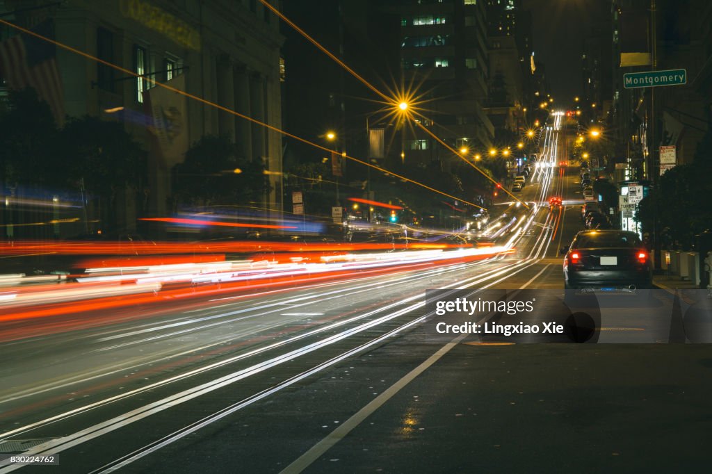 Light Trails on California Street at night, San Francisco