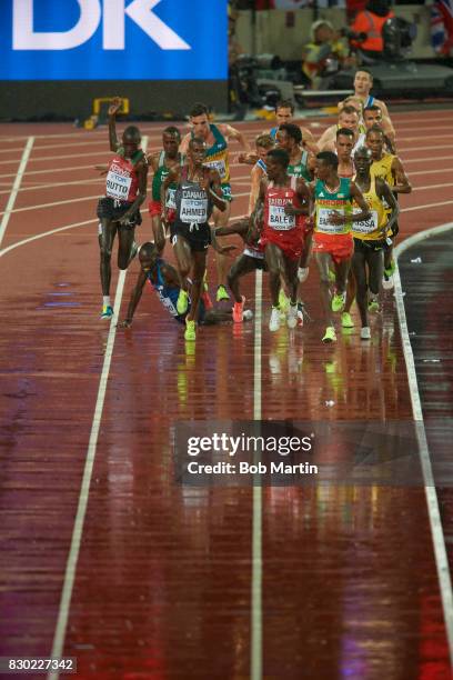 16th IAAF World Championships: Kenya Cyrus Rutto, Canada Mohammed Ahmed, Bahrain Birhanu Balew, and Ethopia Selemon Barega in action during Men's...
