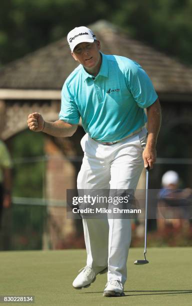 Points of the United States reacts to a putt for birdie on the sixth hole during the second round of the 2017 PGA Championship at Quail Hollow Club...