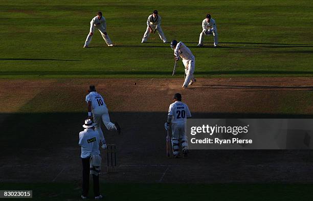 The shadow from the new grandstand encroaches on the pitch during day three of the Liverpool Victoria County Championship Division 1 match between...