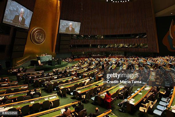 Palestinian President Mahmoud Abbas speaks during the 63rd annual United Nations General Assembly meeting September 26, 2008 at UN headquarters in...