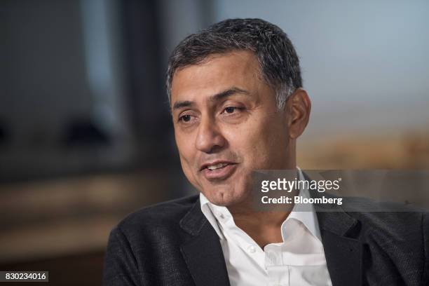 Nikesh Arora, advisor and former president of SoftBank Group Corp., speaks during a Bloomberg Studio 1.0 television interview in San Francisco,...