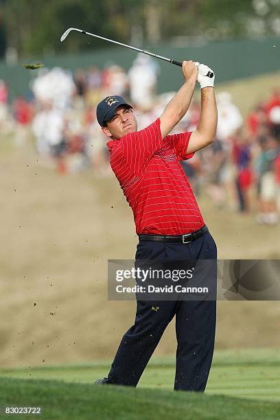 Ben Curtis of the USA team plays a shot during the singles matches on the final day of the 2008 Ryder Cup at Valhalla Golf Club on September 21, 2008...