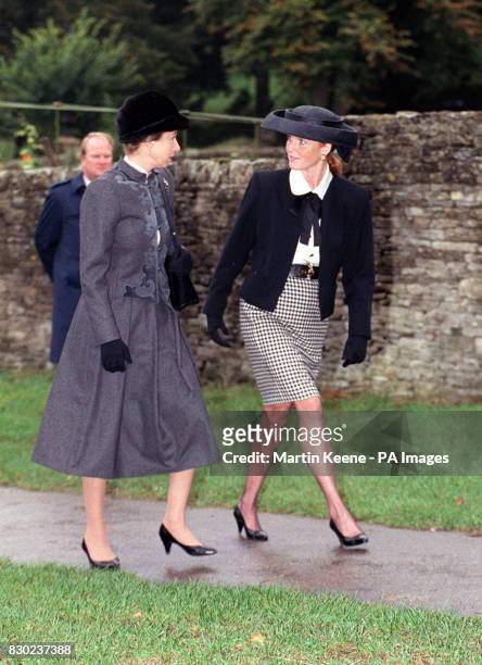 The Duchess of York arriving at a memorial service for her stepfather, hector Barrantes, with the Princess Royal.