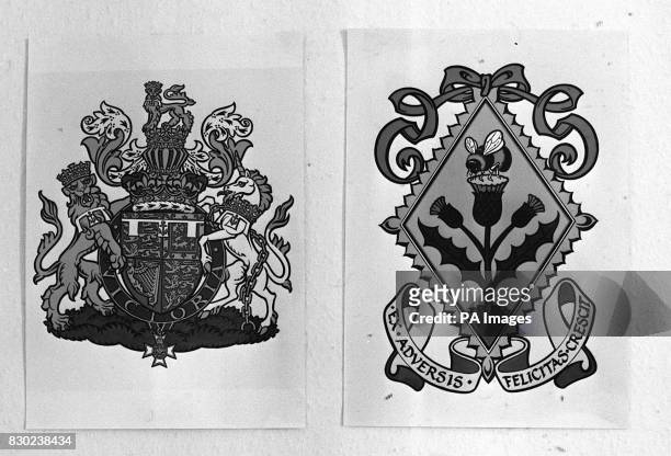 PA NEWS PHOTO 6/5/86 THE COAT OF ARMS OF PRINCE ANDREW AND THE NEW BUSY-BEE LOZENGE OF ARMS FOR HIS BRIDE TO BE, SARAH FERGUSON. THE NEW DESIGN, BY...
