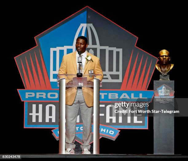 Former TCU Horned Frog and now NFL Hall of Fame member LaDainian Tomlinson during his acceptance speech. The 2017 NFL Hall of Fame class, including...