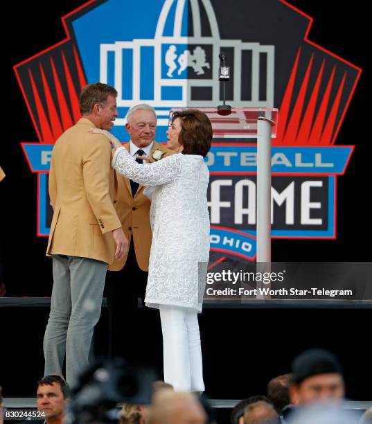 Troy Aikman, Jerry and Gene Jones visit during a TV broadcast commercial break. The 2017 NFL Hall of Fame class, including Dallas Cowboys owner Jerry...