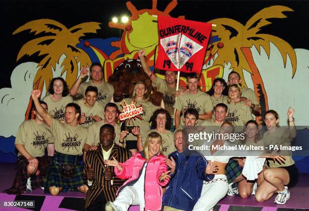 The final filming of Channel 5's 'It's a Knockout' at the Westminster Lodge Leisure Centre presenters Frank Bruno, Lucy Alexander, Keith Chegwin and...