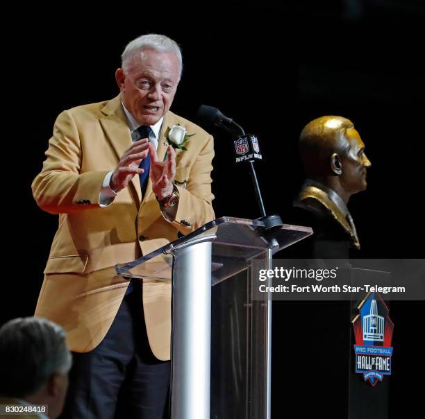 Jerry Jones during his Hall of Fame acceptance speech. The 2017 NFL Hall of Fame class, including Dallas Cowboys owner Jerry Jones and former TCU...