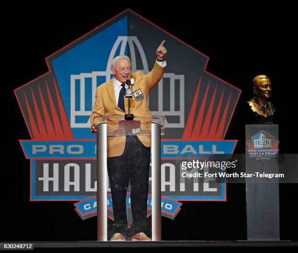Jerry Jones during his Hall of Fame acceptance speech. The 2017 NFL Hall of Fame class, including Dallas Cowboys owner Jerry Jones and former TCU...