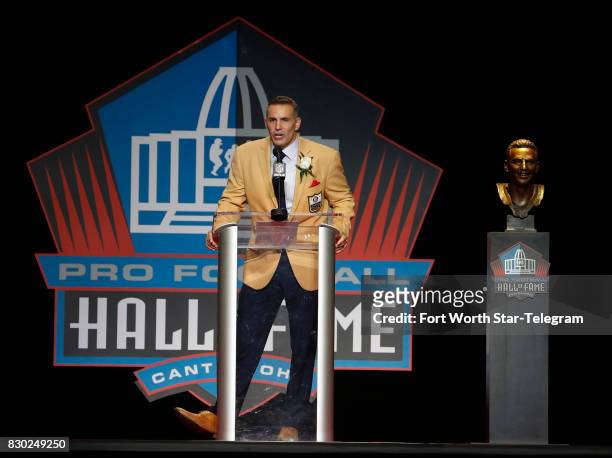 Kurt Warner begins his Hall of Fame acceptance speech. The 2017 NFL Hall of Fame class, including Dallas Cowboys owner Jerry Jones and former TCU...