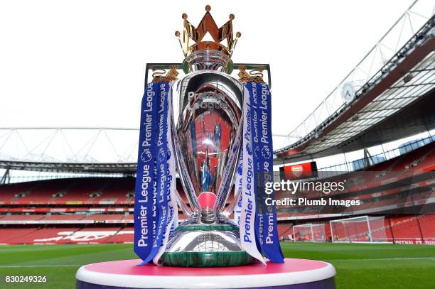 The Premier League Trophy at Emirates Stadium ahead of the Premier League match between Arsenal and Leicester City at Emirates Stadium on August 11,...