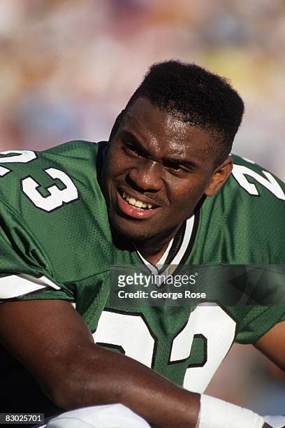 Cornerback Michael Hayes of the New York Jets looks on from the sideline during a game against the San Diego Chargers at Jack Murphy Stadium on...
