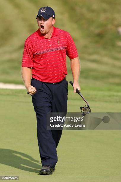 Holmes of the USA team reacts during the singles matches on the final day of the 2008 Ryder Cup at Valhalla Golf Club on September 21, 2008 in...