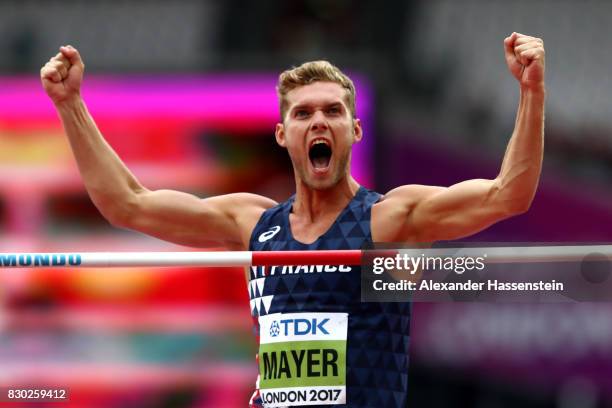 Kevin Mayer of France competes in the Men's Decathlon High Jump during day eight of the 16th IAAF World Athletics Championships London 2017 at The...