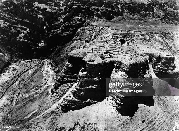 View of Cave 4 at Qumran in Israel where the Dead Sea Scrolls were discovered. The scrolls are thought to have been left in the caves by members of...