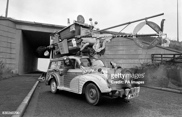 Jake Mangel Wurzel and his incredible Wurzel-Wagon. Just about every thing he owns is piled on top of the Morris 1000 Traveller Estate. Jake, a...