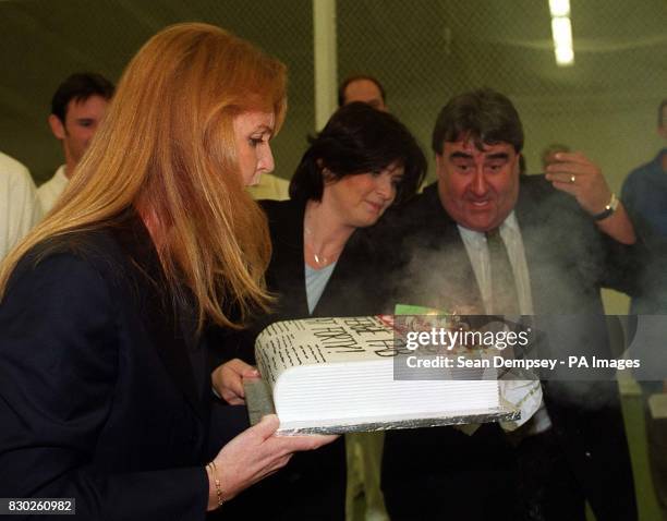 The Duchess of York receives a cake for her 40th birthday during the launch of the 1999/2000 Arena Cricket League at the Dummer Cricket Centre, on...