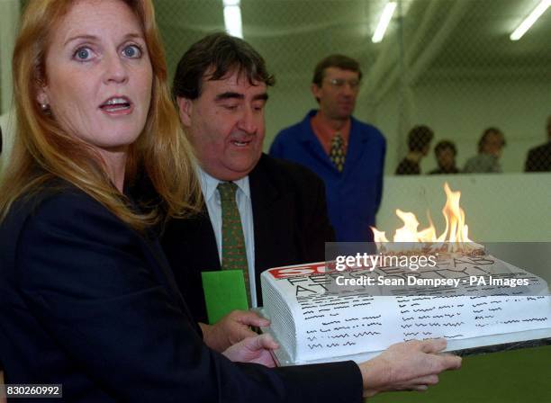 The Duchess of York receives a cake for her 40th birthday during the launch of the 1999/2000 Arena Cricket League at the Dummer Cricket Centre, on...