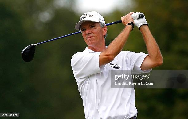 Larry Mize tees off the 17th hole during the first round of the 2008 SAS Championship at Prestonwood Country Club on September 26, 2008 in Cary,...