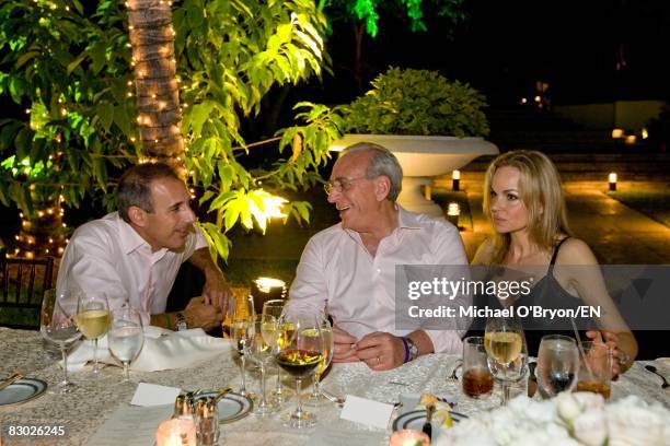 Matt Lauer, Nelson Peltz and Claudia Peltz visit during the wedding of Golf-pro Greg Norman and former tennis-pro Chris Evert at the One and Only...