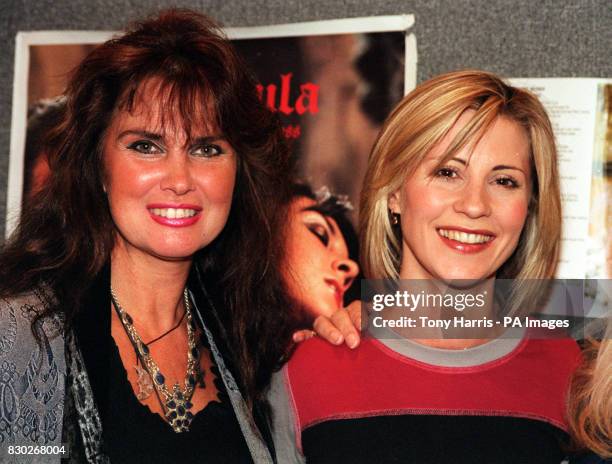 Former Bond Girl and Hammer Horror star Caroline Munro with Julia Carling at the opening of Collect '99 at Wembley Exhibition Centre in London....