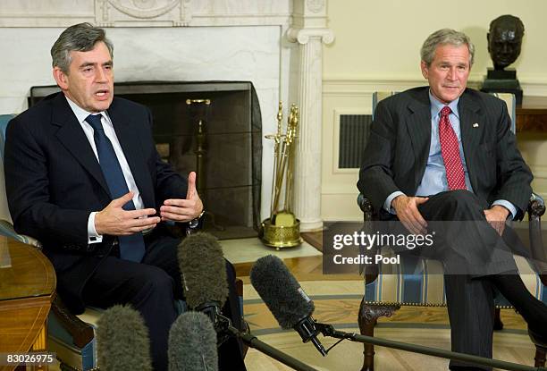 British Prime Minister Gordon Brown meets with U.S. President George W. Bush in the Oval Office of the White House September 26, 2008 in Washington,...