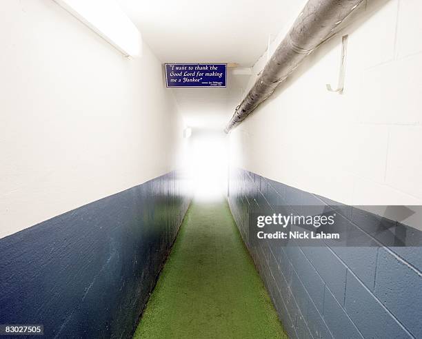 General view of the "I want to thank the Good Lord for making me a Yankee" sign that hangs in the tunnel between the New York Yankees locker room and...