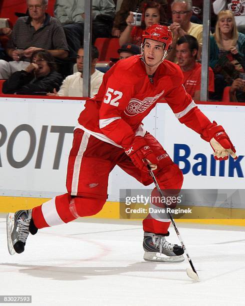 Jonathan Ericsson of the Detroit Red Wings skates up ice during the NHL pre-season opener against the Montreal Canadiens on September 24, 2008 at Joe...