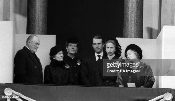 From the balcony of the Home Office : King Olav V of Norway; Princess Alice, Duchess of Gloucester; Princess Michael of Kent; Captain Mark Phillips;...