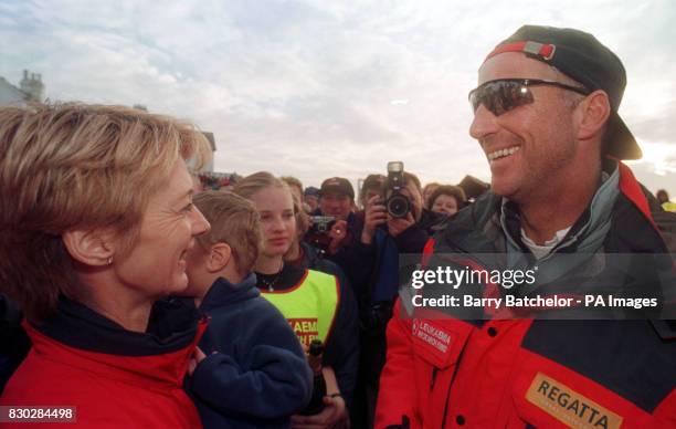 Former England cricketer Ian Botham is greeted by his wife Kathy on his arrival at Land's End after completing his 1 million John O Groats to Land's...