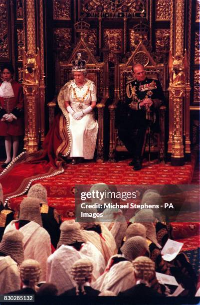 Queen Elizabeth II and the Duke of Edinburgh at the State Opening of Parliament. The Queens Speech contained 28 new Bill proposals to be put before...