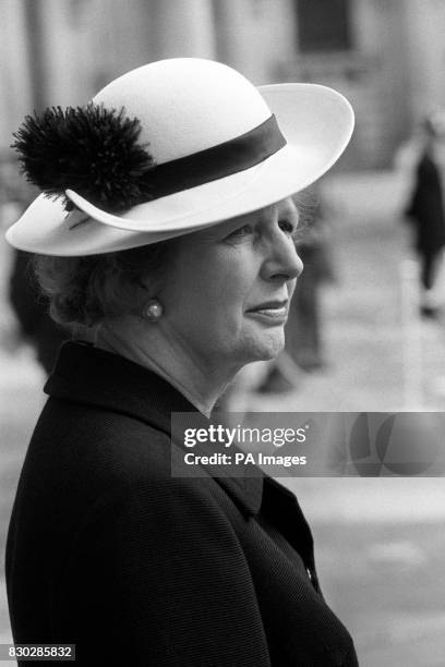 Prime Minister Margaret Thatcher looks pensive as she awaits the arrival of King Taufa'ahau Tupou IV of Tonga at the Foreign and Commonwealth Office...