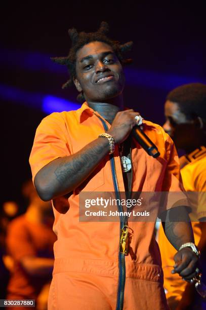 Kodak Black performs on stage at his Homecoming Concert first show since getting home from jail in June at Watsco Center on August 10, 2017 in Coral...