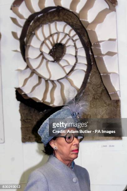 Britain's Princess Margaret walks past a pupil's piece of art at Mary Hare Grammar School for the deaf near Newbury, 70 miles west of London. The...