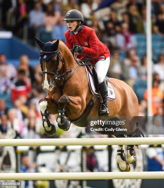 Dublin , Ireland - 11 August 2017; Lillie Keenan of USA competing on Super Sox during the FEI Nations Cup during the Dublin International Horse Show...