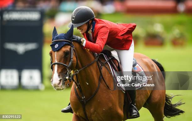 Dublin , Ireland - 11 August 2017; Lillie Keenan of USA celebrates a clear round on Super Sox during the FEI Nations Cup during the Dublin...