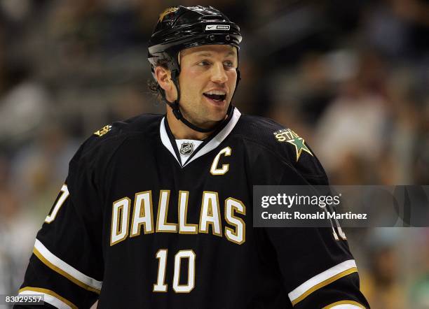 Left wing Brenden Morrow of the Dallas Stars during play against the Colorado Avalanche at the American Airlines Center on September 25, 2008 in...