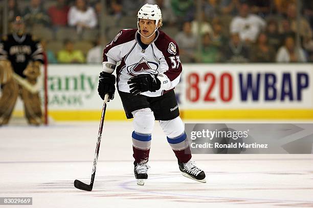 Center Matt Hendricks of the Colorado Avalanche during play against the Dallas Stars at the American Airlines Center on September 25, 2008 in Dallas,...