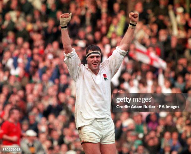 England second row Martin Bayfield celebrates after England beat Wales 24-0 in the Five Nations rugby union championship match at Twickenham to win...