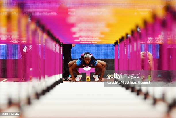 Kendra Harrison of the United States prepares to compete in the Women's 100 metres hurdles semi finals during day eight of the 16th IAAF World...