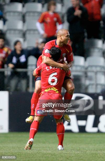 Cristiano and Cassio of United celebrate a goal during the round six A-League match between Adelaide United and the Newcastle Jets at Hindmarsh...