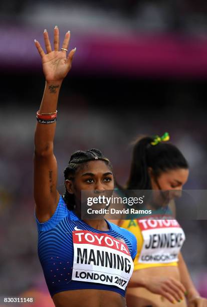 Christina Manning of the United States reacts after competing in the Women's 100 metres hurdles semi finals during day eight of the 16th IAAF World...