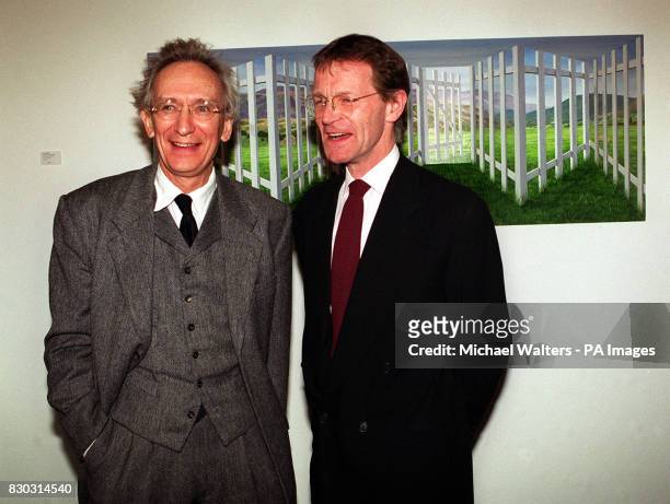 Artist Patrick Hughes and Sir Nicolas Serota, Director of the Tate Gallery at the ART 2000 exhibition at the Business Design Centre in Islington,...